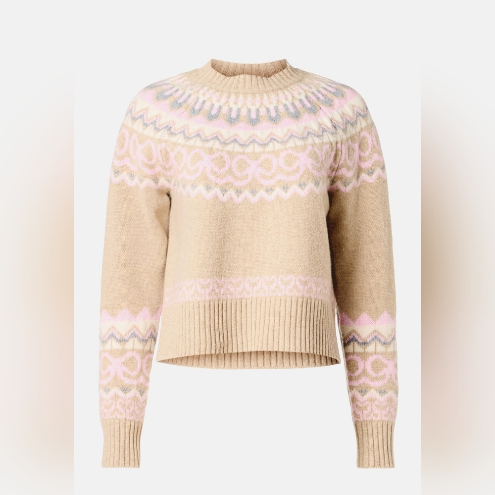 LoveShackFancy Beige Fair Isle Crewneck Sweater with Pink & Gray Accents